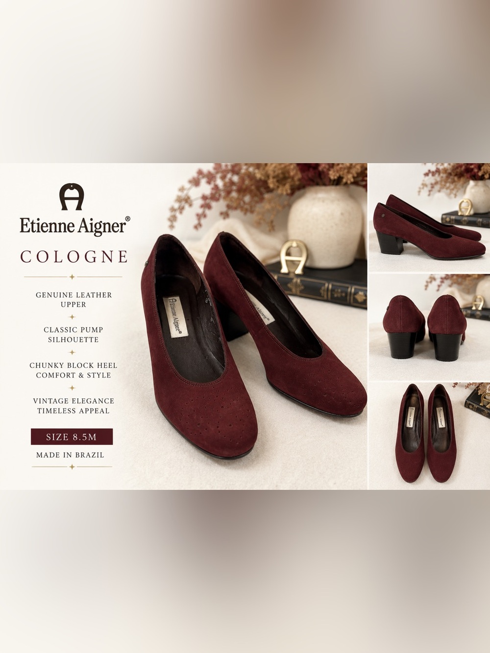 Etienne Aigner Cologne Burgundy Leather Pumps Heels Vintage 8.5M